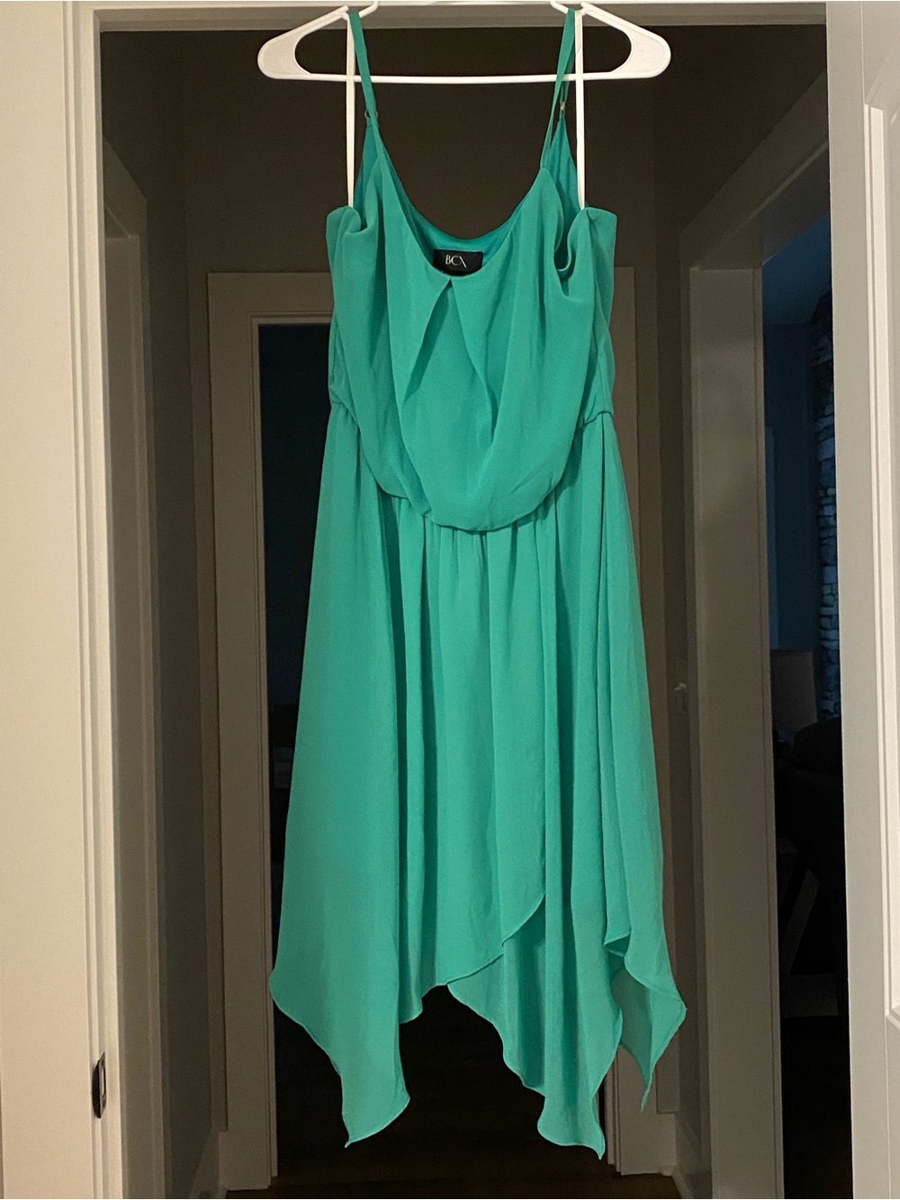 BCX Kelly Green Spaghetti-Strap Handkerchief Hem Dress